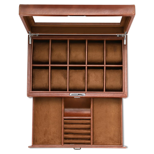 HELMDY Leather Watch Box with Drawer-10 Slots Locking Jewelry Watches Holder for Men-Luxury Watch Case Display Organizer-2 Tier Organizer Watch Showcase-Storage Case