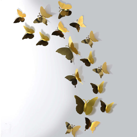 3D Mirror Metallic Butterfly Wall Decor, Gold, 48Pcs 4 Styles 3 Sizes, Removable Stickers Wall Decor Room Mural for Party Cake Decoration Kids Bedroom Nursery Classroom Wedding Decor
