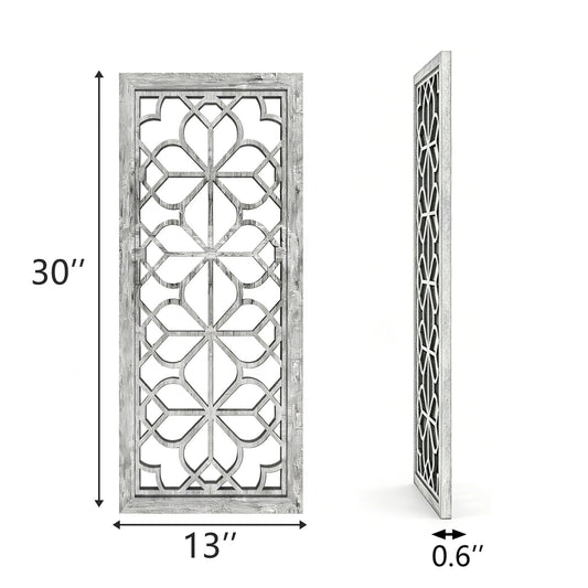 HMANGE Set of 2 13x30 Inch Large Grey Shatterproof Carved Floral Wood Frame Wall Mirrors, Boho Farmhouse Rustic Accent Mirrors for Living Room Bedroom Bathroom & Home Decor