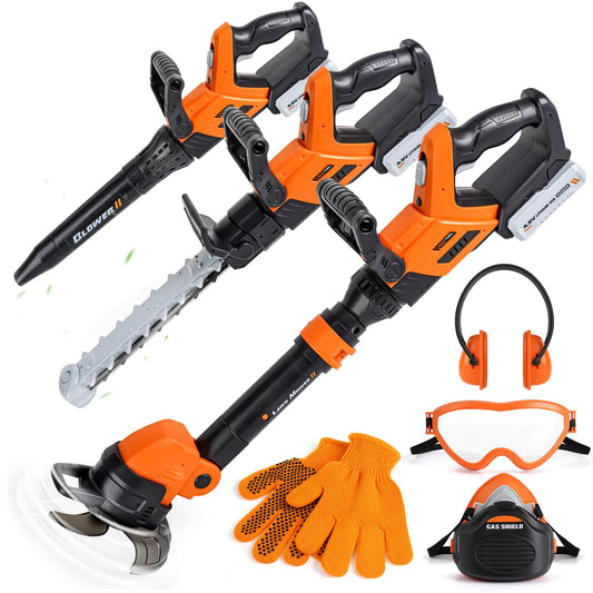 3-in-1 Kids Yard Tools - Kids Weed Wacker Toy, Kids Leaf Blower & Chainsaw, Kids Garden Tools with Safety Equipment, Realistic Lights & Sounds, Pretend Play Outdoor & Indoor Toys