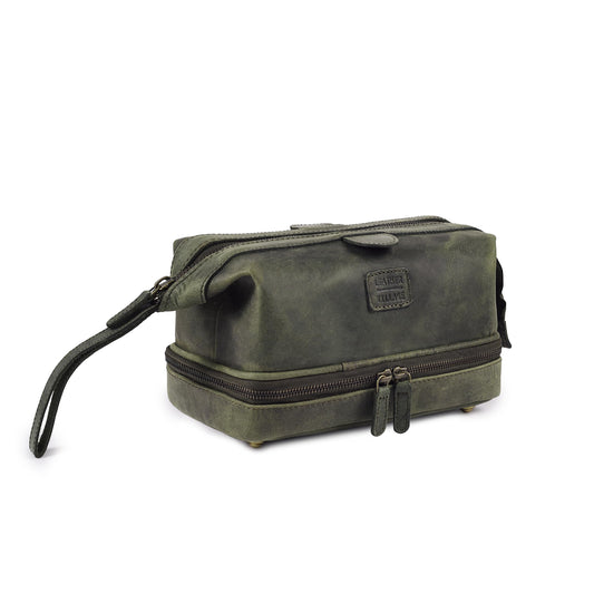 LEATHER VILLAGE Genuine Leather Dopp Kit – Large Travel Toiletry Bag with Waterproof Lining, Dual-Zip Design for Men & Women, Organizer for Shaving, Makeup & Essentials - Olive