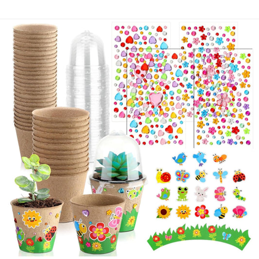 Motipuns 15 Set Summer Garden Paper Pot Craft Kit Include Plant Flower Peat Pots with Domes 4 Sheet Rhinestones Jewels Stickers and Adhesive Stickers Set for Spring DIY Craft