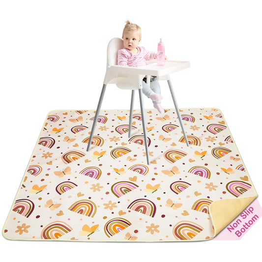 Basumee Splat Mat High Chair Mat Waterproof Baby Play Splat Mat for Under High Chair Food Catcher Highchair Mat for Floor Non Slip Bottom, Brown Rainbow, 46x42 Inches