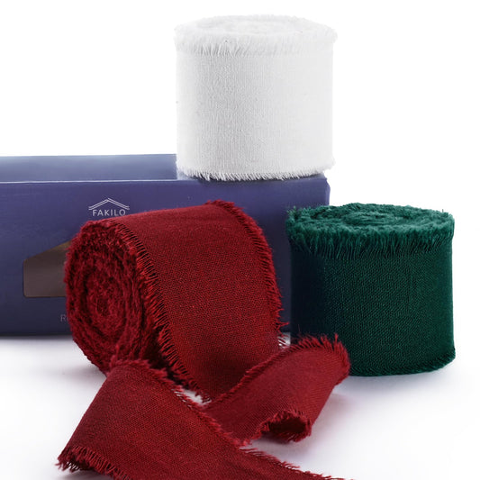 Natural Rustic Cotton Ribbon with Frayed Edge,100% Cotton Ribbon 1.5" x 18yds for Gift Wrapping,Christmas Decorations,DIY Crafts,Wreath Bow Making and Hair Accessories(Wine Red,Dark Green,White
