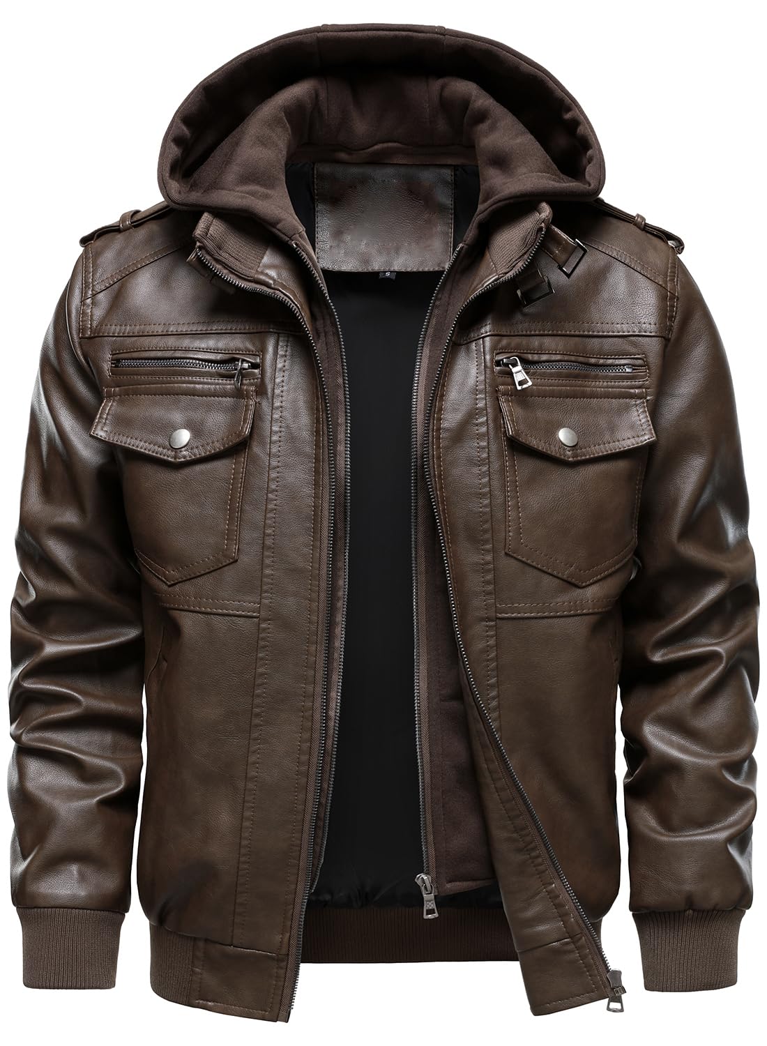 HOOD CREW Men's Faux Leather Hooded Jacket Motorcycle Jackets Water Repellent Windproof PU Moto Vintage Bomber Hoodie Coats Coffee L