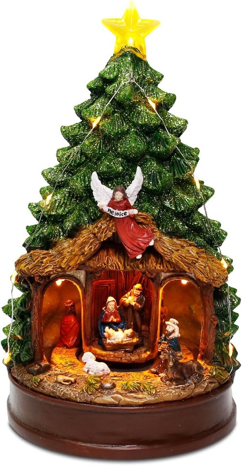 Innodept12 Christmas Tree Rotating Nativity Scene Figurines - Animated Holiday Decoration with Music, Angel & Star - 9.84" Collectible Tabletop Display