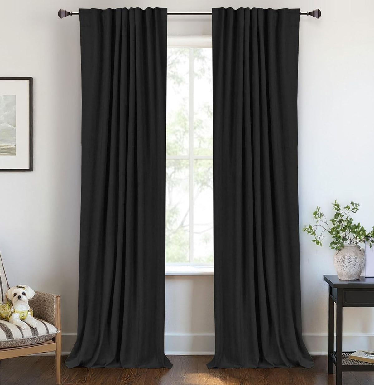 Skiennix 100% Blackout Linen Curtains - Thermal Insulated Drapes for Bedroom | 50" W x 96" L, Black