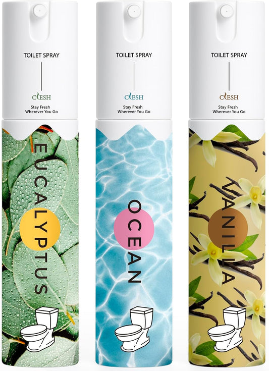Skiennix Travel Size Toilet Spray - Bathroom Odor Eliminator | 3 Pack, 1 Fl Oz Each, Essential Oils Freshener in Ocean, Eucalyptus, Vanilla