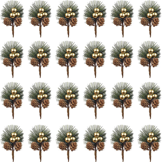 TIHOOD 25PCS Artificial Pine Picks, Pine Needles Branches with Gold Berry Stems, Small Fake Berries Pinecones Branches for Crafts Christmas Tree DIY Garland Holiday Wreath(Gold)