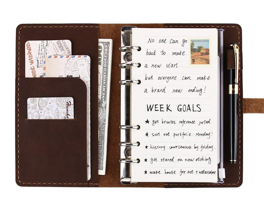 Genuine Leather Journal Writing Notebook, A6 Ring Binder Refillable Diary Notepads, Vintage Handmade Travel Organizer Agenda for Men Women - Brown