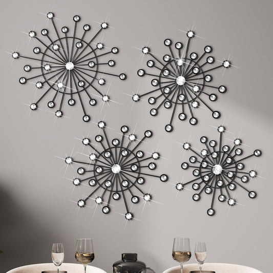 Blulu 4 Pcs Metal Wall Decor Bling Crystal Wall Art Cast Iron Rhinestones Sunburst Decor Starburst Art Hanging Diamond Accents Home Decorative for Living Room Bedroom Entryway(Black)