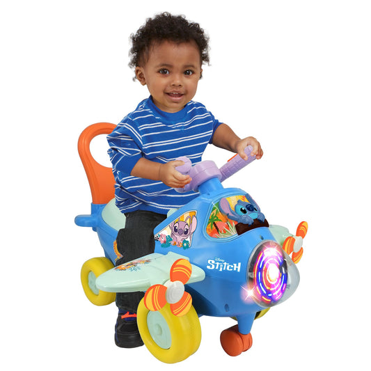 Kiddieland Disney Stitch Lights & Sounds Activity Plane Ride-On, Foot-to-Floor Toy with Interactive Dashboard, Rotating Propellers, Push Handle, for Toddlers 12–36 Months