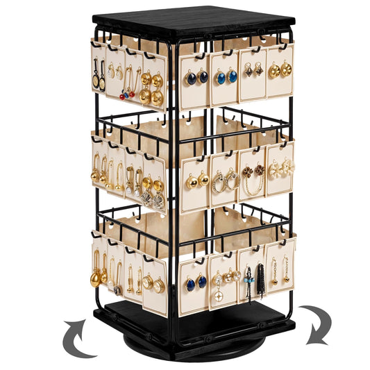 360 Rotating Earring Display Holder Stand for Vendors Events Selling, Large Capacity 48 Hooks Jewelry Display Rack with Wooden Base for Earring Card Sales, Necklaces, Enhances Retail Visibility