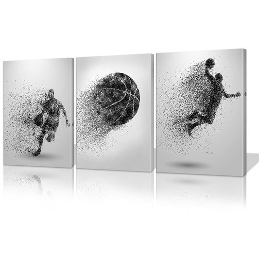 Basketball Canvas Wall Art - Black and White Sports Poster - Particle Silhouette - Set of 3 Framed Ready to Hang