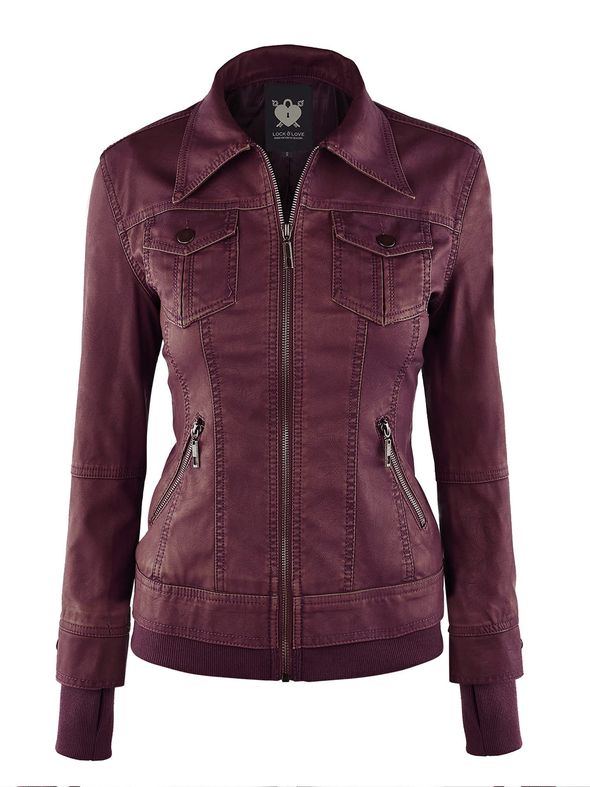 Lock and Love LL WJC664 Womens Faux Leather Jacket with Hoodie S WINE