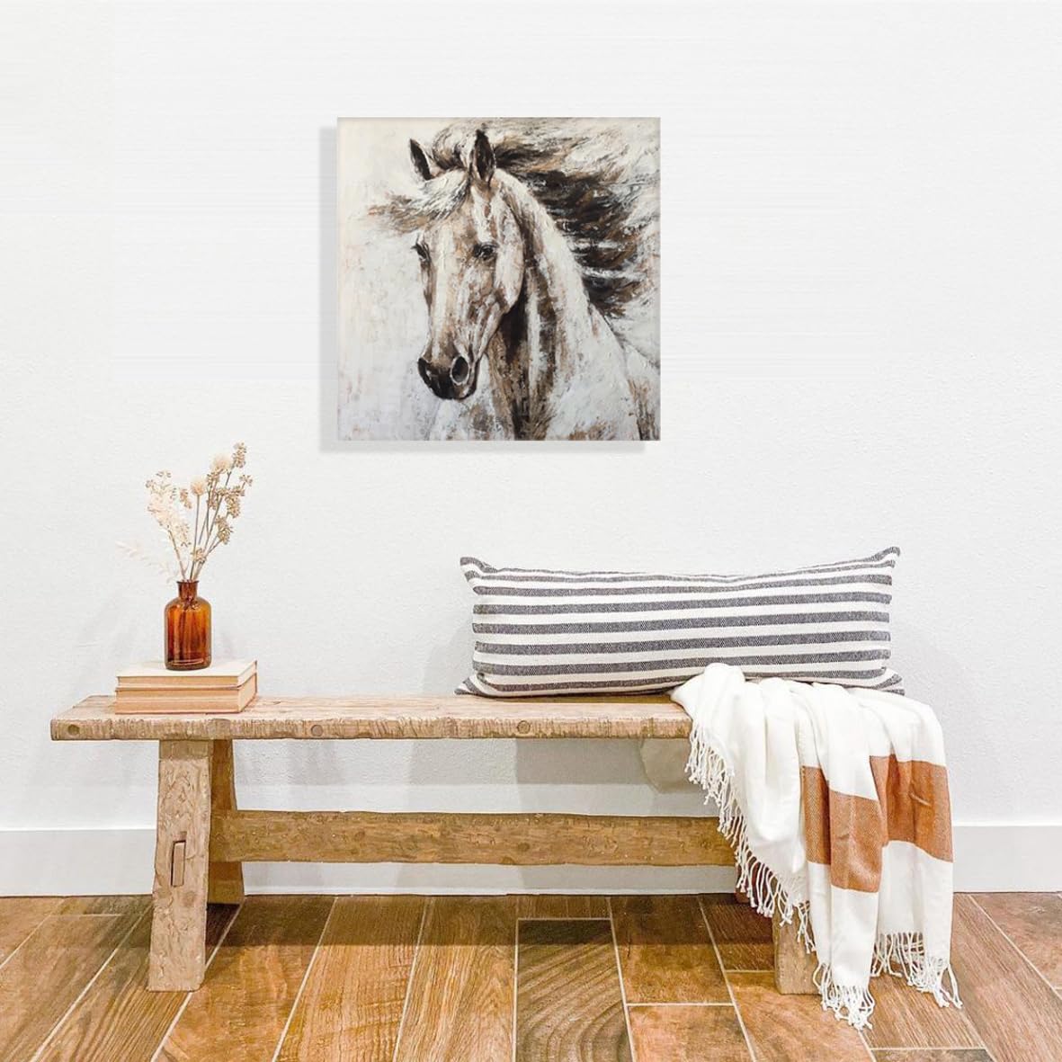 RICHSPACE ARTS Horse Pictures on Canvas Modern Farmhouse Bedroom Wall Art Rustic Bathroom Wall Decor Brown Painting Western Artwork 16x16