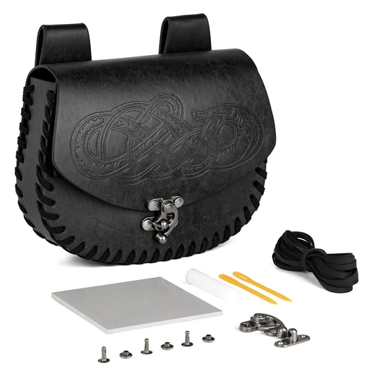 HiiFeuer Viking Craft Kits Belt Bag, Vintage DIY Kits Medieval Faux Leather Side Pack, Portable Belt Pouch for Ren Faire (Black A)