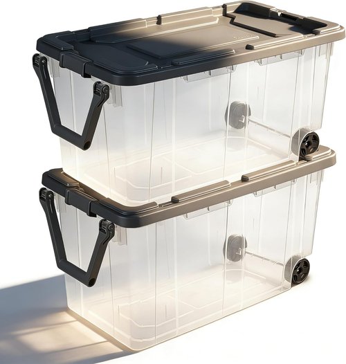 160 Quart Wheeled Storage Bins by [Brand Name] - Stackable Heavy-Duty Clear Totes with Secure Latch Lid & Reinforced Handle | Ideal for Garage & Closet (Clear/Gray)