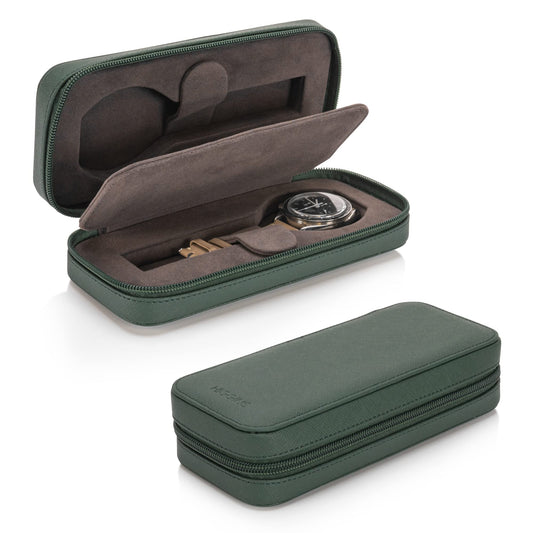 HOUSEOFHIGGINS Double Travel Watch Case - Holds 2 Watches - Saffiano Leather - Soft Microfiber Lining, Fits Up to 42mm Watches - Reliable Storage for Home or Travel