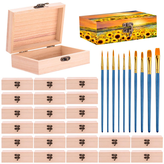 Barydat 24 Pack Unfinished Wooden Boxes for Crafts 6 x 4 x 2, Small Keepsake Box, Wood Box with 10 Paintbrushes and Hinged Lid Treasure Chest Wood Boxes for DIY Crafts Jewelry Birthday Party Favor