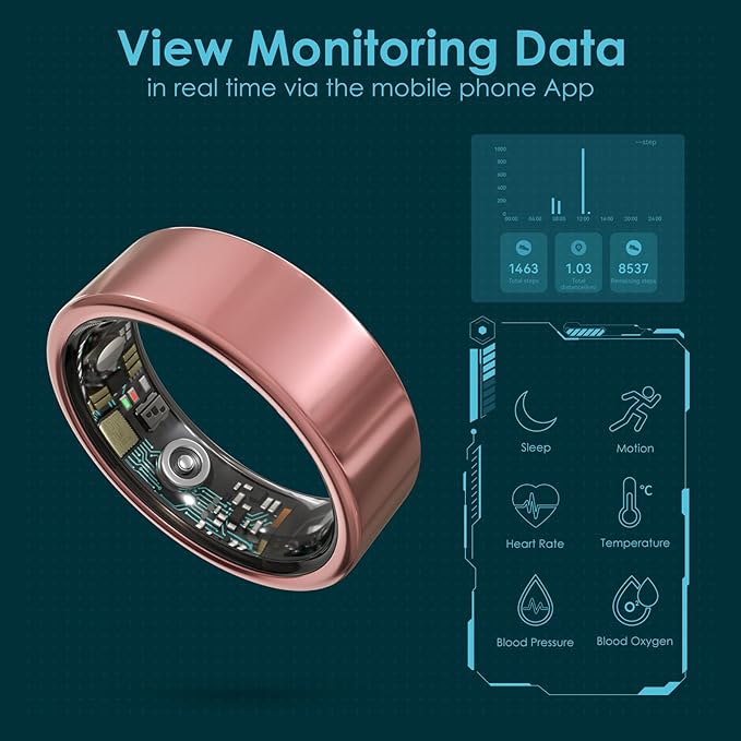 Smart Ring Health Monitoring 5ATM Waterproof Fitness Tracker with Glossy Titanium Surface Blood Oxygen/Sleep/Stress Tracking Women?™s Cycle Prediction Sport Ring Compatible with iOS/Android Black 13