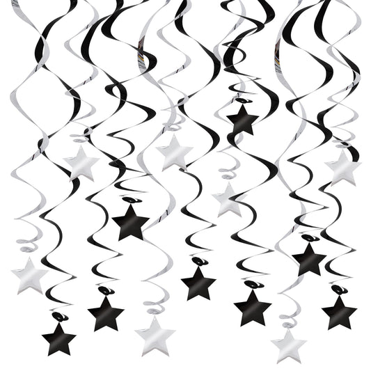 BEISHIDA Black Silver Stars Hanging Swirls Bachelorette Graduation Hanging Ornament Decorations for Birthday Party Supplies Congrats Grade 2026 Graduation Decorations,Pack of 15