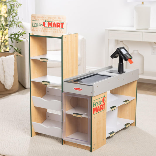 Melissa & Doug, Fresh Mart Pretend Grocery Store, Kids Cash Register with Scanner, Shelves, & Conveyor Belt, Kids Toys for Girls & Boys