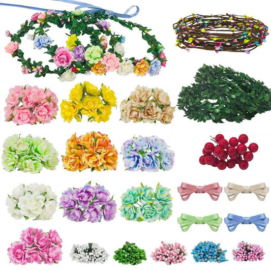 Yiranok Flower Crowns Making Kit,20 Sets Make Your Own Flower Crown Crafting Kit Blooming Rose Wreath Headband and Bracelet Making Kit DIY Floral Crown Wedding Party Fairy Hair Accessories Gift