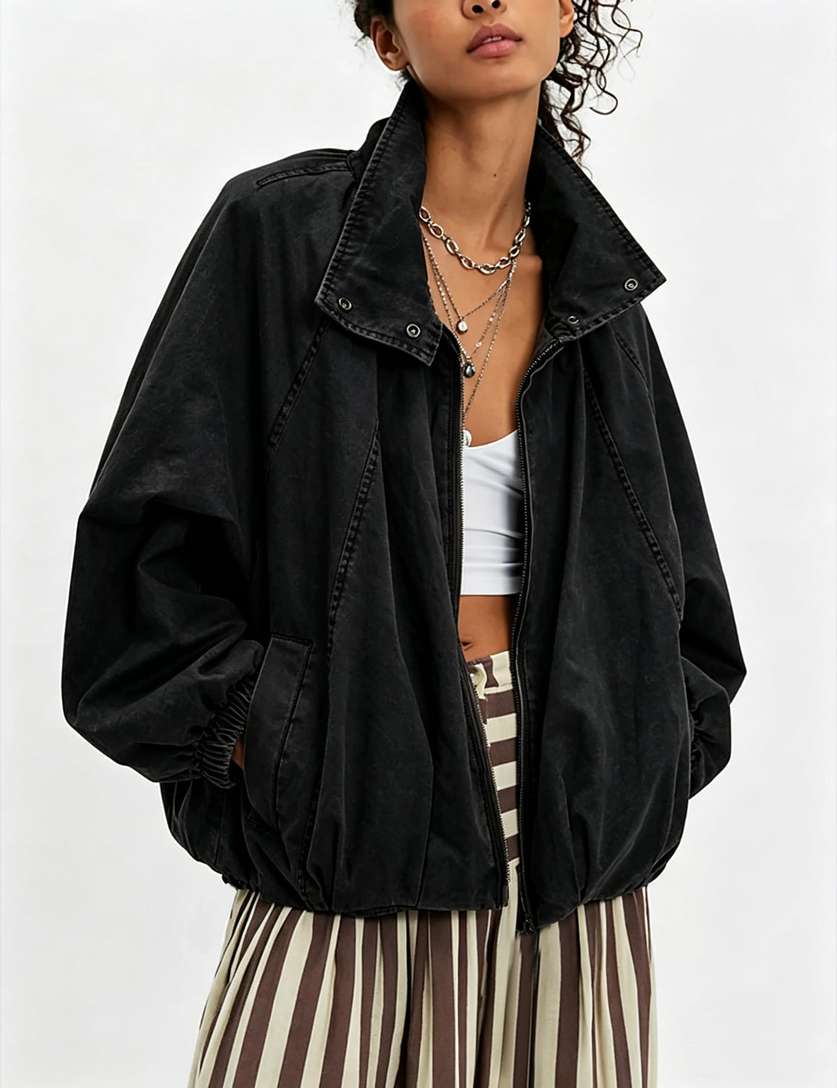 Megfie Women Oversized Funnel Neck Bomber Jacket Casual Zip-Up Windproof Lightweight Cotton Spring Fall Shacket(1096-Black-L)