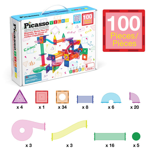PicassoTiles 100pc Magnetic Marble Run Set with Racing Track Tiles Funnels Curved Slopes and Steel Balls for Kids STEM Construction Indoor Learning Toy that Promotes Focus and Problem Solving PTG100