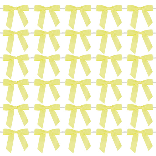 AIMUDI Yellow Bows 2.5" Satin Bows with Twist Tie Premade Craft Bows for Treat Bags Cake Pop Gift Wrapping Basket Wedding Favors Cookie Candy Bagging Baby Shower - 50 Counts