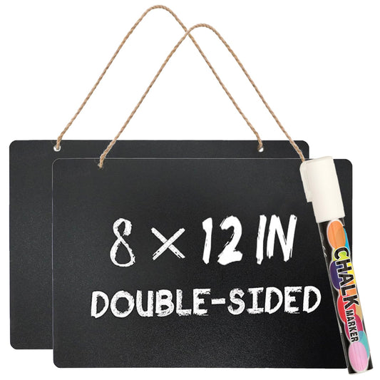 2 Pack Chalkboard Sign with String 8"x12" Double Sided Erasable Message Board Sign, Wooden Mini Chalkboards Sign with Liquid Chalk Marker, Hanging Message Board for Bar and Special Event Decorations