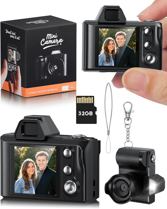 WZVZ 1080P 32GB Mini Digital Camera, Portable Camera for Photography with SD Card, Key Card Clip Chain for Teenagers
