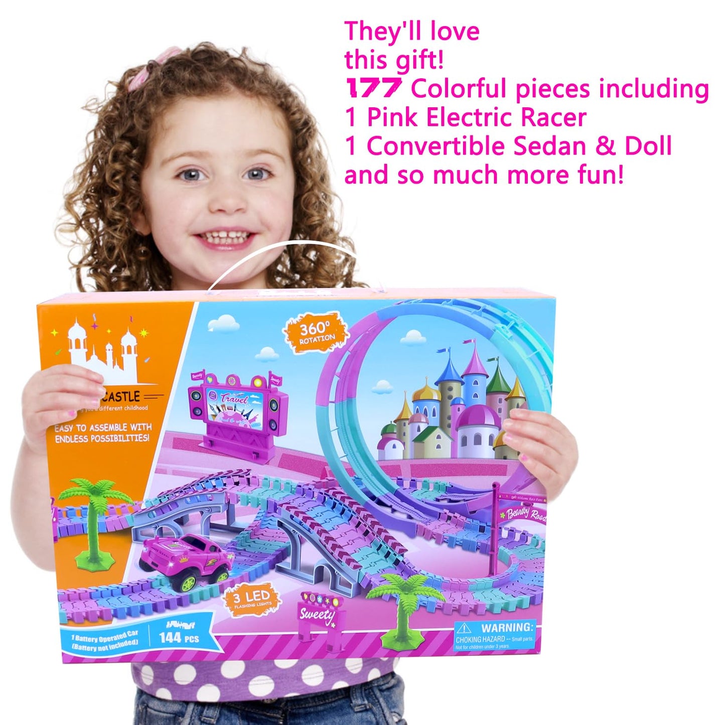 SCKTYZS Tracks Car Toys for 3 4 5 6 Year Old Girls Kids,177 PCS 360°Rotating Track Flexible Car for Girls 3-5 Toddler Flex Track Race Cars Toys Birthday Gifts
