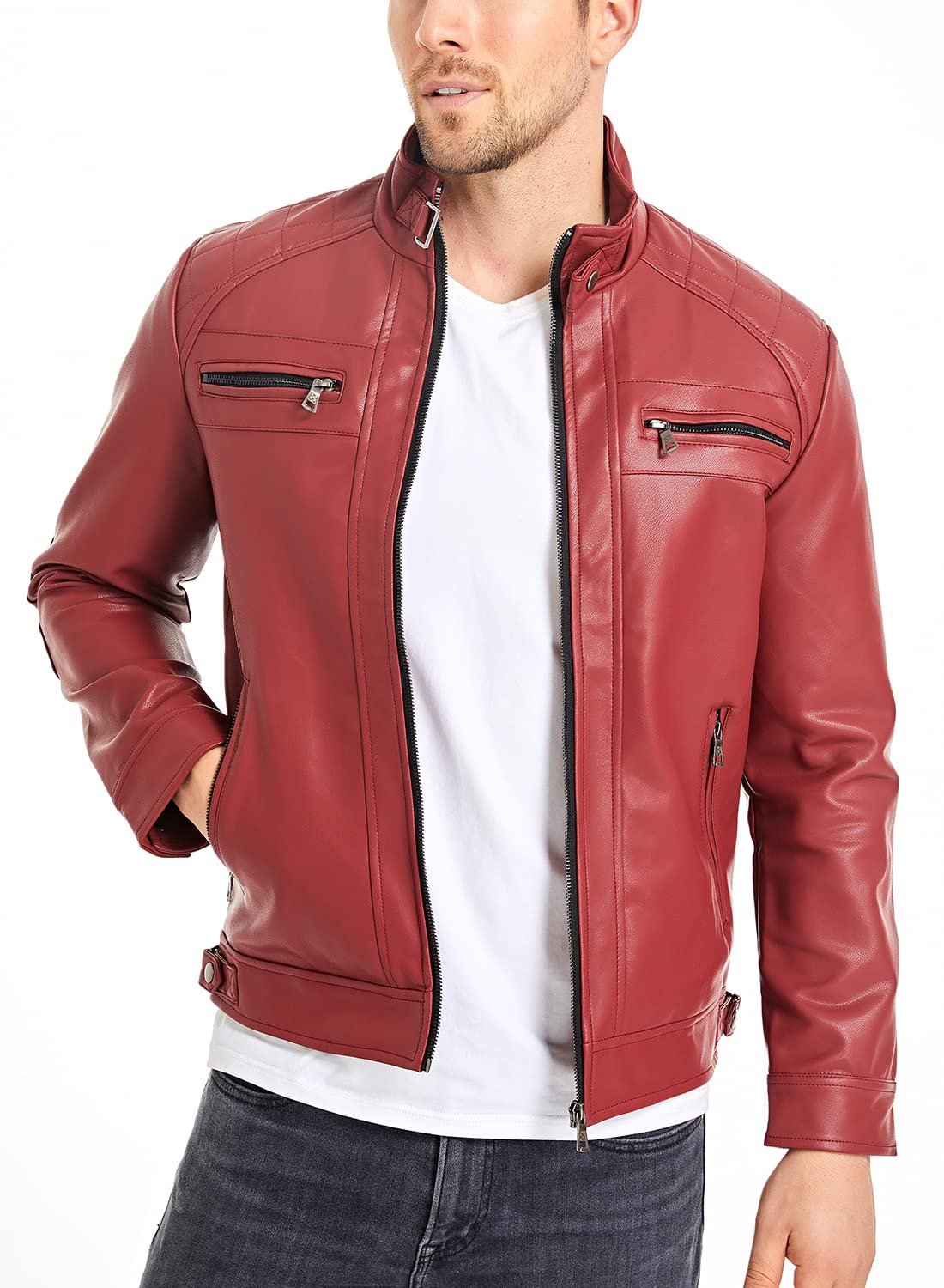 HOOD CREW Men’s Stand Collar Leather Jacket Casual Faux Leather Motorcycle Jacket Outerwear Coat with Zipper Pockets Red 4XL