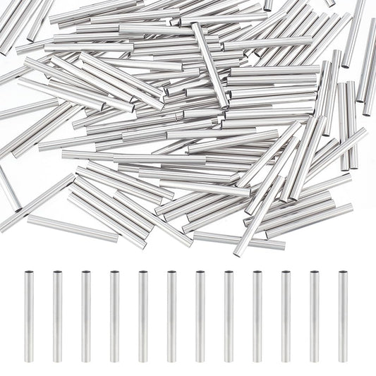 PH PandaHall About 200pcs 30mm Long Stainless Steel Tube Beads Straight Tube Charms Metal Smooth Finding Beads for Jewelry Crafts Making Findings, 2.7mm Hole Stainless Steel Color