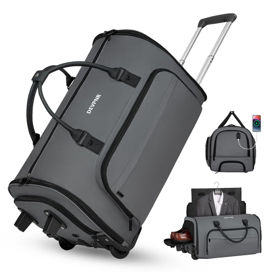 DEVPNR Rolling Garment Bags for Travel, 59L Rolling Duffle Bag with Wheels and Shoe Compartment for Men and Women, 3 in 1 Carry on Convertible Travel Garment Bag with Wheels, Gray