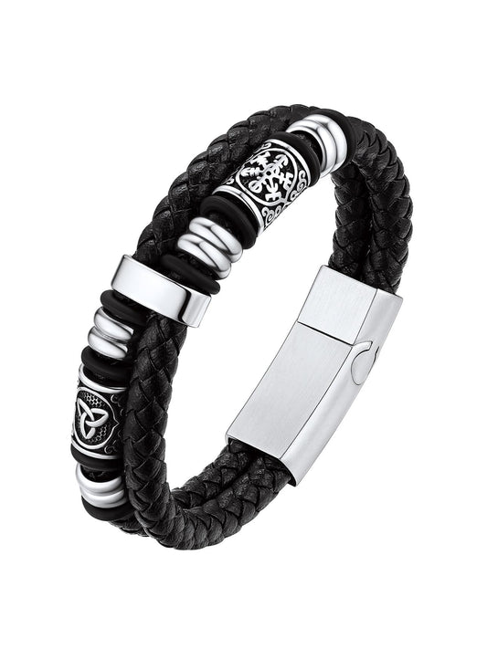Bestyle Black Leather Bracelet for Men Double Layer Mens Leather Celtic Bracelets with Lucky Beads, Fashion Punk Retro Men Wristband Leather Bracelet Great Gift for Father Husband, 23cm/9.1 Inch