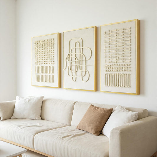 Thalasse 3D Textured Framed Abstract Wall Art Bedroom, 3 Piece Neutral Dot Matrix Curve Tactile Rope String Art Matte Sandstone Artwork, Boho Minimalist Nordic Pictures for Nursery Home Decor 16x24 In