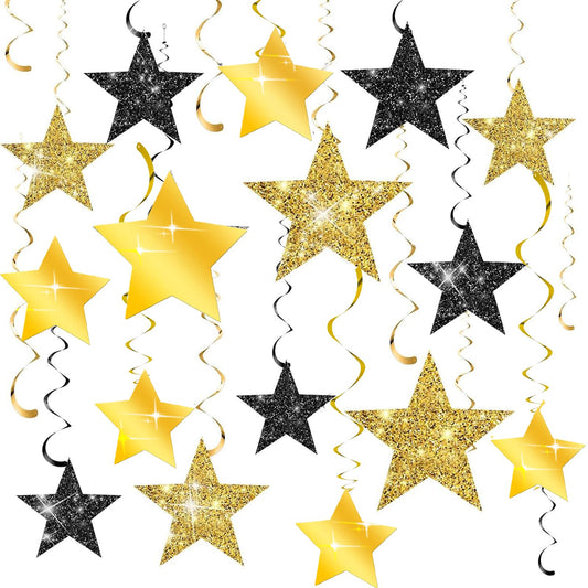 Black Gold Graduation Decorations/Black Gold Party Decorations/Black and Gold Star Hanging Swirls, 16 Pieces, for Birthday,New Year Eve, Graduation Star Party Decorations