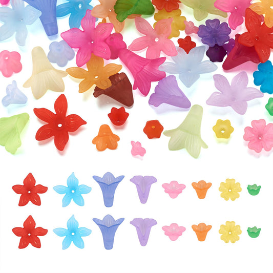 Pandahall 400pcs Mixed Acrylic Flower Beads Caps 8 Style Colorful Frosted Floral Spacer Loose Beads Lucite Beads Flower for Jewelry Making DIY Craft