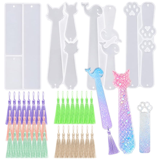 SANFUHOM Resin Bookmark Molds Kit, Silicone Epoxy Casting Mold with 40 Tassels, 4 Shapes Cat Paw Kitty Dolphin Rectangle Craft Tool for DIY Jewelry Making