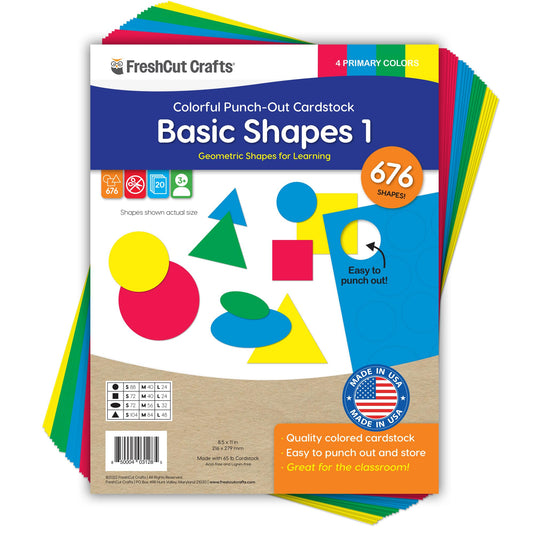 Basic Shapes 1: Circles, Triangles, Squares, Ovals, 676 Pieces US Made Card Stock Punch Out Geometric Shapes in 3 Sizes and 4 PRIMARY Colors for Math, Pattern Play and DIY Crafting