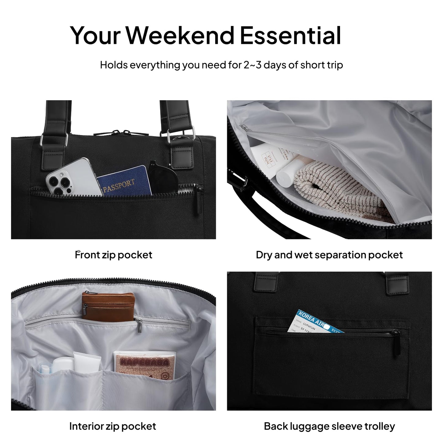Travel Duffle Bag for Women,40L Weekender Bags Airline Approved Carry On with Shoe Compartment & Waterproof Wet Pocket, Durable Nylon Weekender Overnight Bag for Travel, Gym, Business Trip, Black