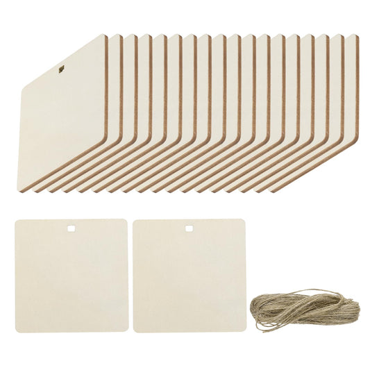 uxcell 20pcs Rounded Rectangle Blank Wood Tags with Hole 4 x 4 Inch Unfinished Wood Pieces Wooden Gift Tags with 32.8 Ft Rope for Craft Projects, Hanging Decorations, Gift Making