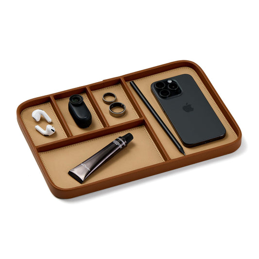 Nordik Leather Valet Tray - Sand Brown - 11.8x7.9 Inch Large Vegan Leather Tray - Stylish Nightstand Organizer for Men - Modern Bedside Caddy - EDC Catchall for Key Watch Wallet Jewellery