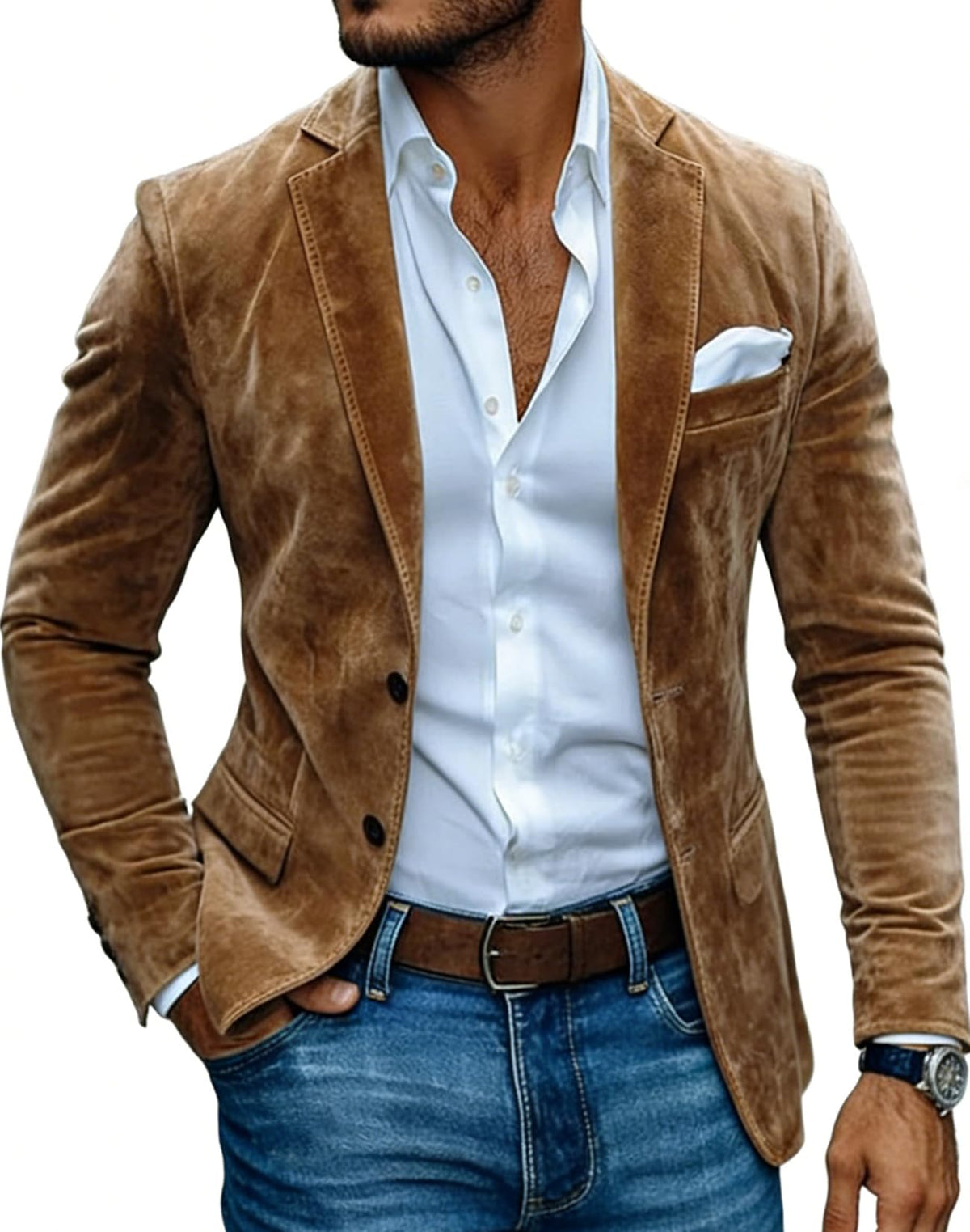 Men's Suede Leather Suit Jacket Western 2 Button Blazer for Wedding Prom Brown
