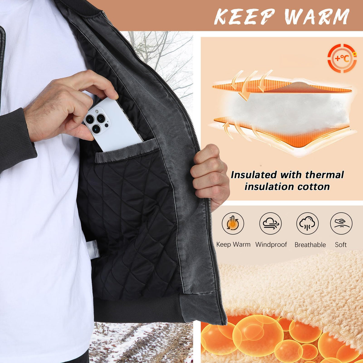 Oymyakon Mens Vintage Bomber Jacket Washed Fall Winter Warm Military Jackets Casual Padded Coats Windbreakers Black M
