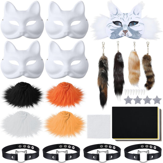 Soulchen 34 Pcs DIY Therian Fox Tail and Mask Kit Blank Cat Masks Craft Set Include Faux Felt Fur Sheet Plastic Eye Mesh Leather Necklace Dentures Star Stickers for Halloween Masquerade Cosplay Party