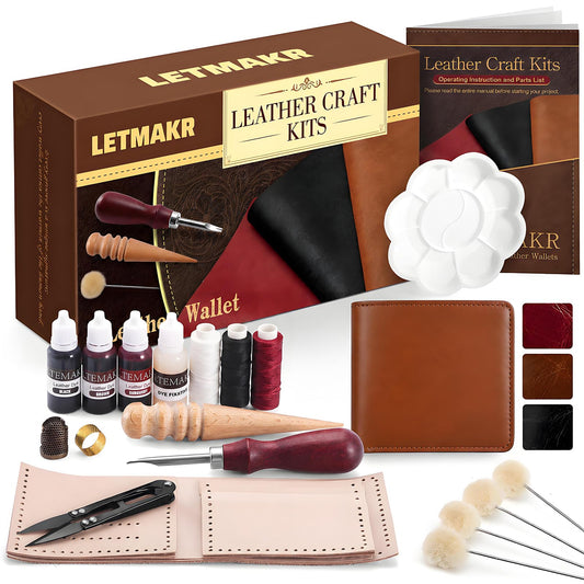 Leather Working Tools-Leather Crafting Kit with Paint Set and Cowhide-Men's Wallet DIY Kit-Birthday Gift for Men,Dad,Boyfriend,Husband-Art and Crafts for Adults-Hobbies for Women and Men